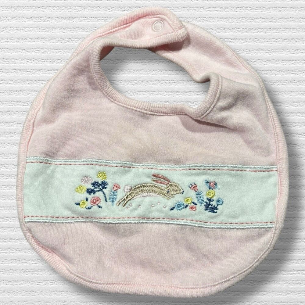 Embroidered Bunny Baby Bib Pink Cotton Floral One Size Spring Easter Cottage
